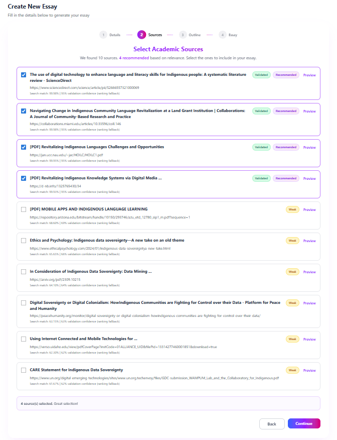 Source search panel with curated references and citation-ready source options