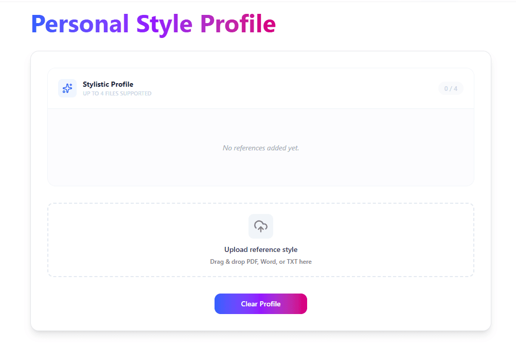 Personal style profile screen with uploaded writing samples and style settings